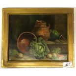 WILLIAM HUGHES (1842-1901) "Turnips, cabbage and carrot with various terracotta pots on a step",