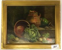 WILLIAM HUGHES (1842-1901) "Turnips, cabbage and carrot with various terracotta pots on a step",