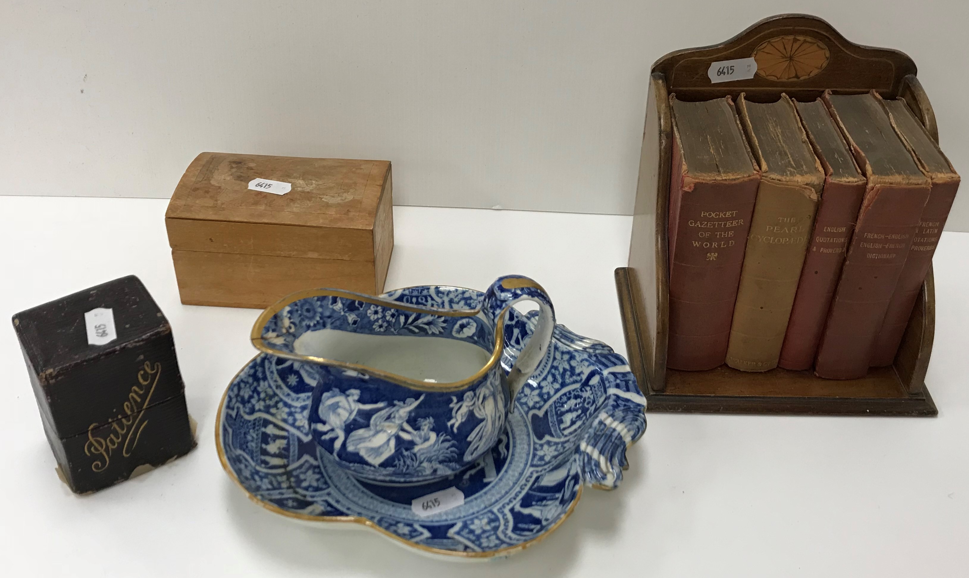 A box of sundries including "Herculaneum" pattern blue and white dish (damaged and repaired) and