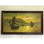 20TH CENTURY ORIENTAL SCHOOL "Junks at sunset", oil on board, unsigned, 60 cm x 118 cm,