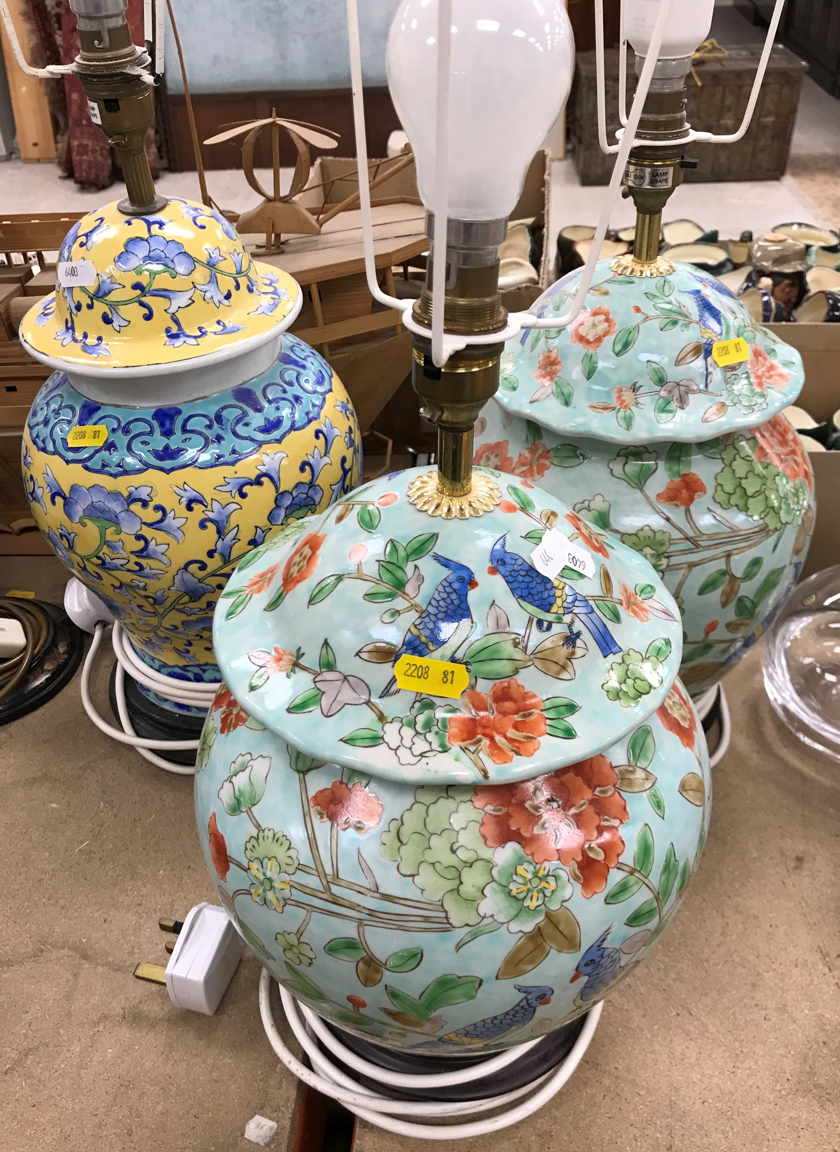 A set of three modern Chinese turquoise ground and polychrome decorated vase table lamps on wooden - Image 2 of 2