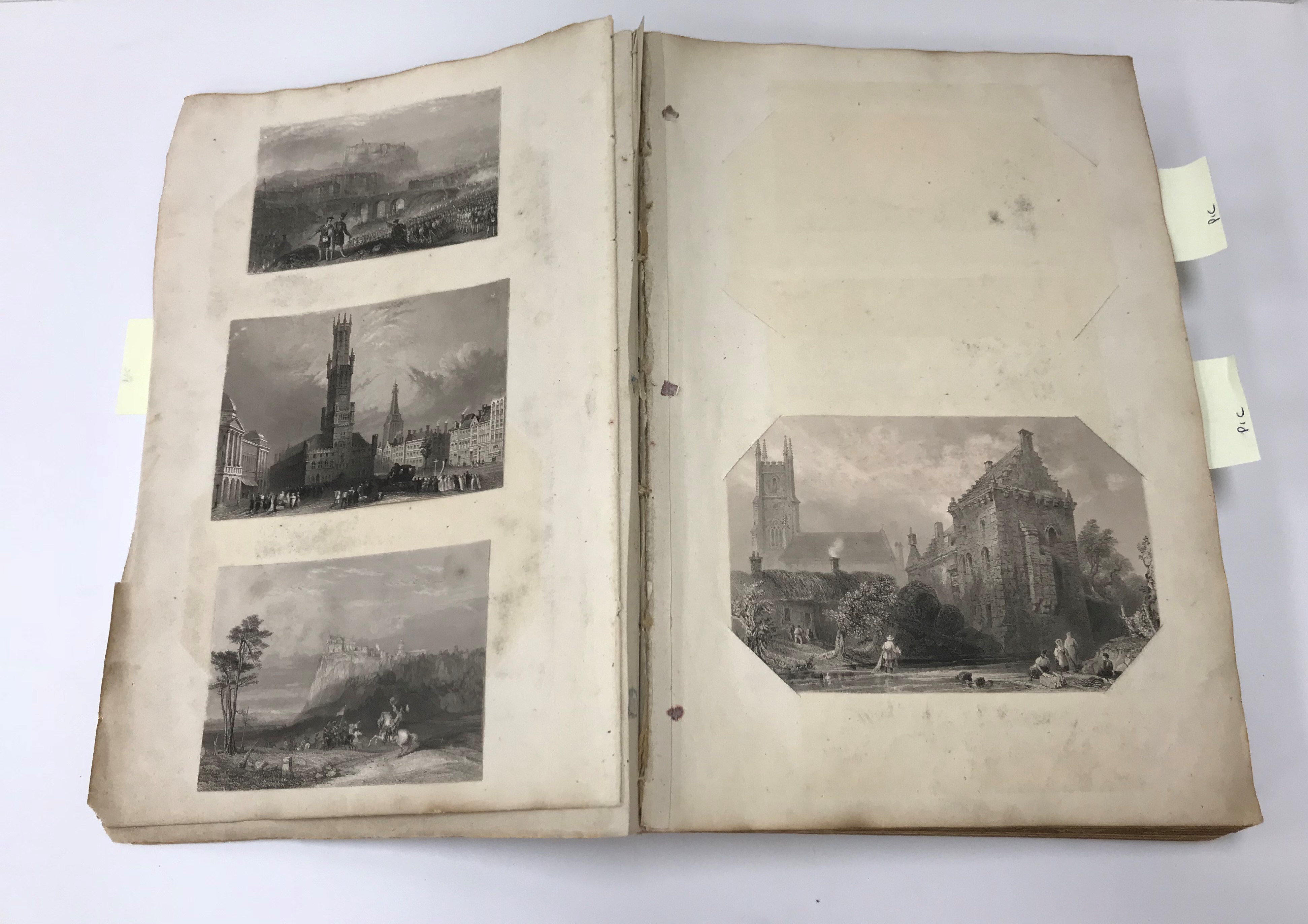 A Victorian scrapbook containing various scraps, prints, engravings, etchings, etc,