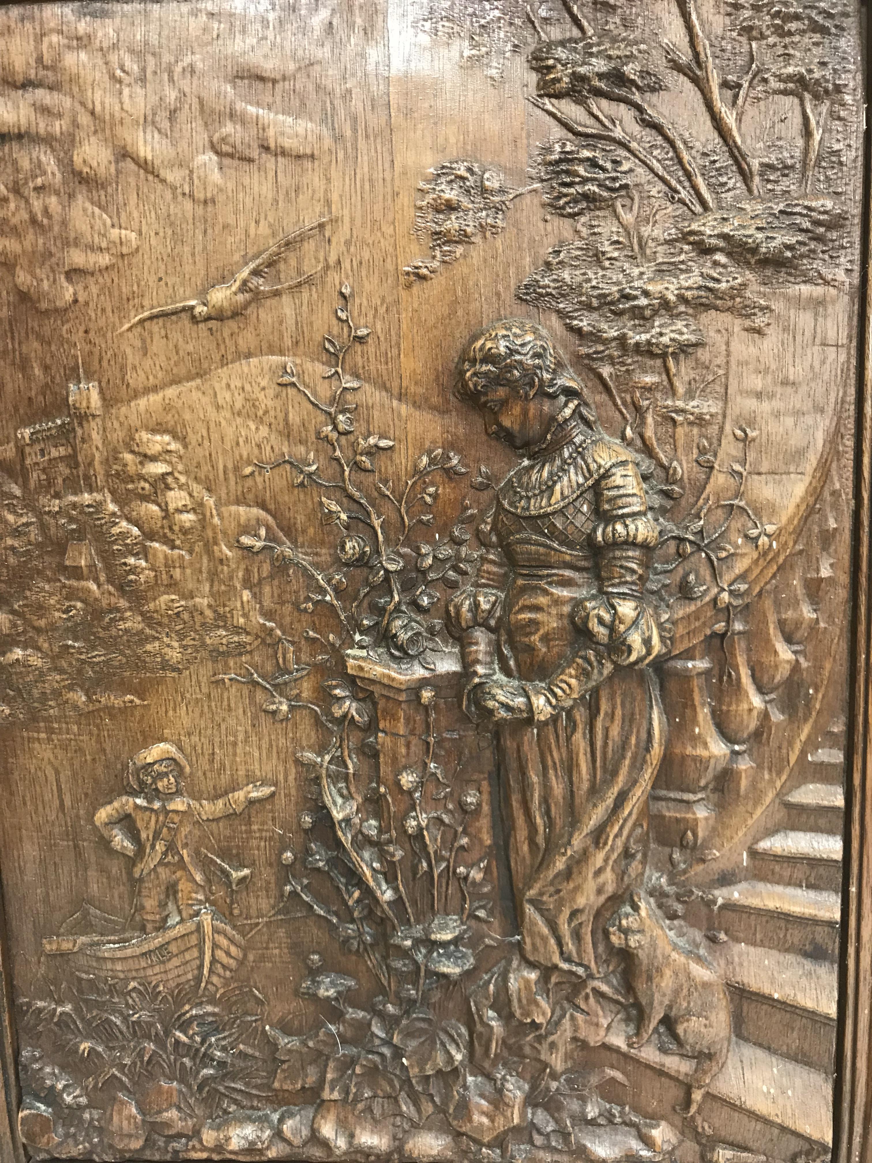 A circa 1900 wooden door panel decorated in relief with young lady and cat on steps, - Image 2 of 2