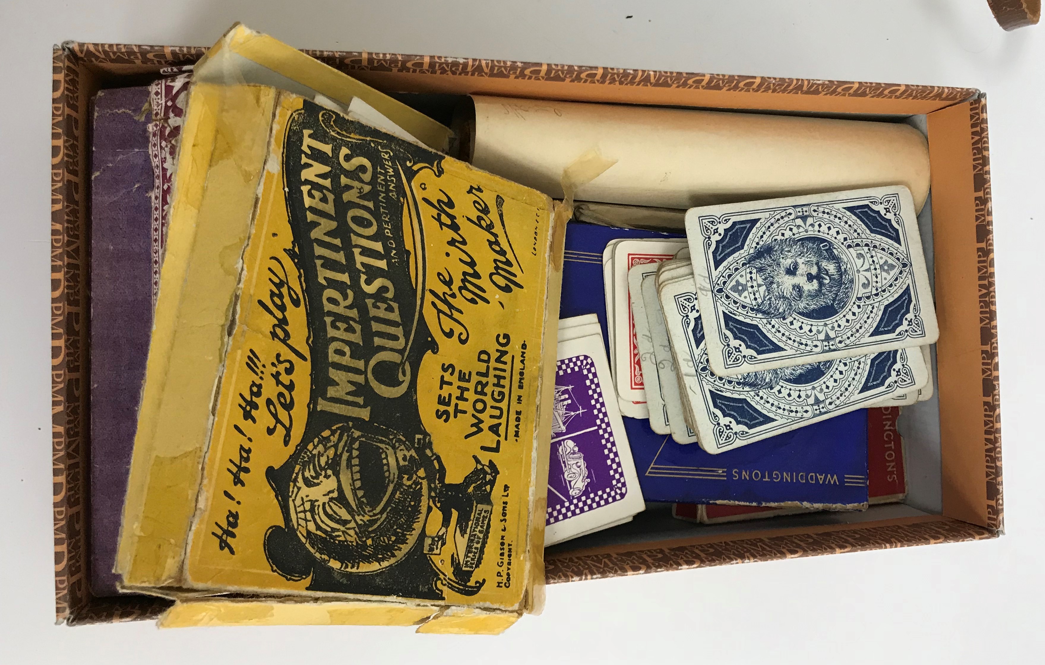 A box of sundry items to include various card games including HP Gibson & Sons Ltd "Impertinent - Image 2 of 4