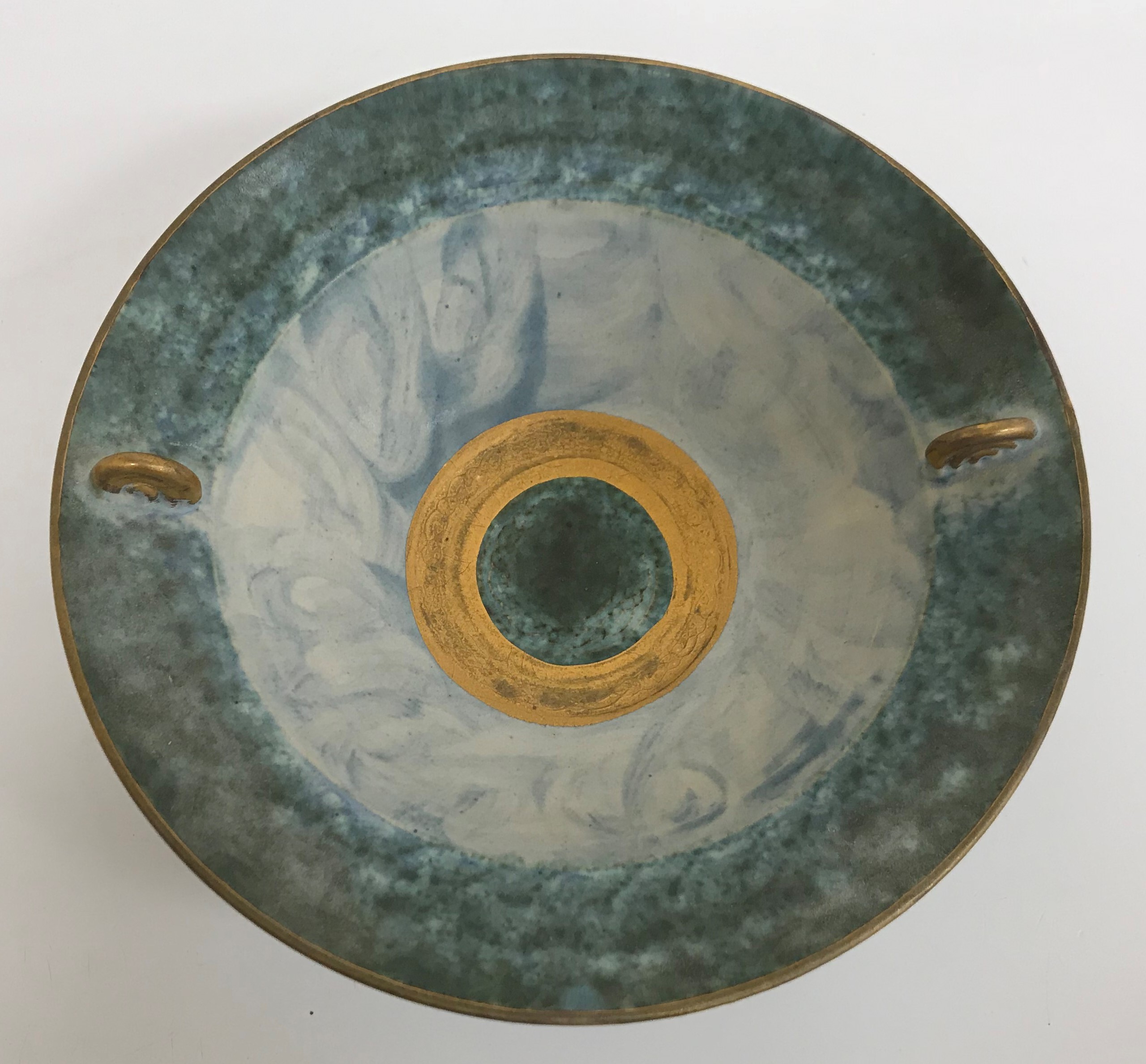 A collection of four mottled blue and gilt decorated pottery items including bowl, - Image 2 of 8