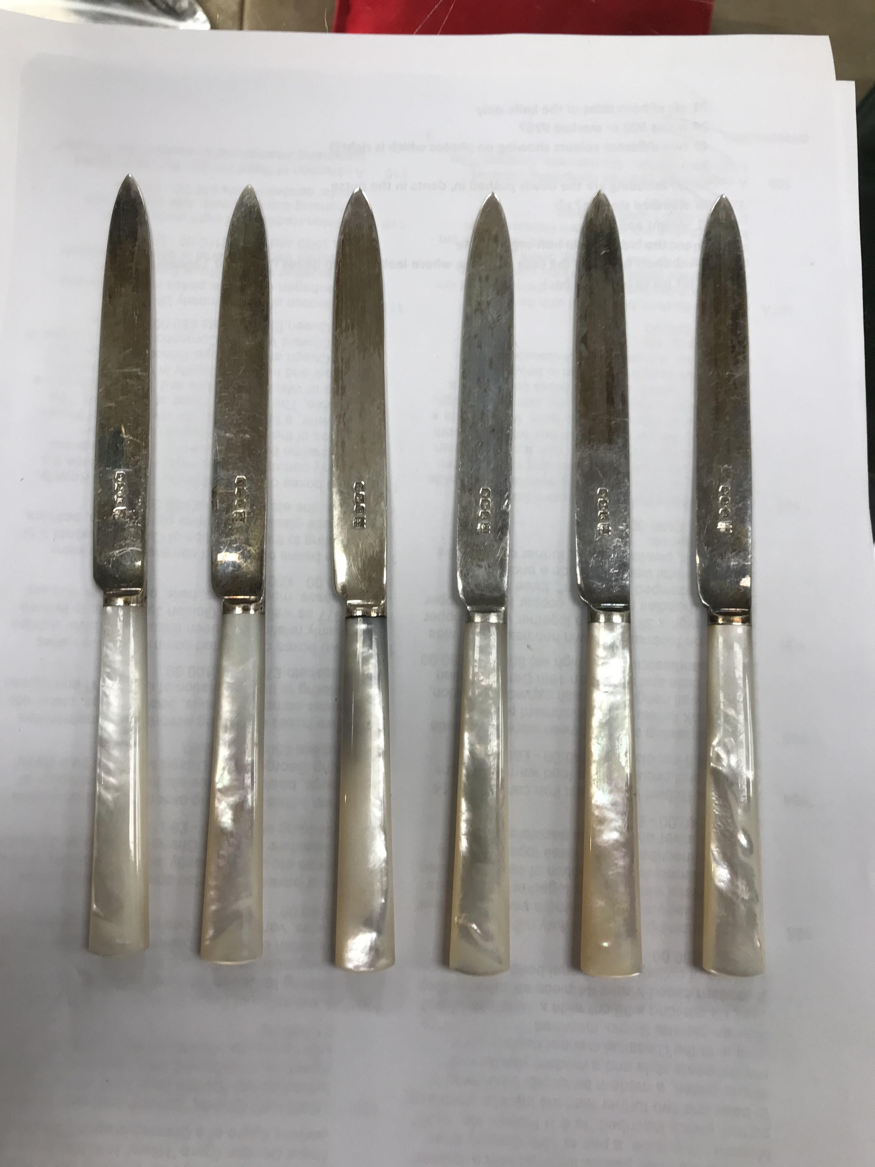 A cased set of six silver bladed and tined mother of pearl handled fruit knives and forks (by James - Image 13 of 26