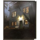 HARRY W STEEN "Back of house", study of a cottage exterior at night with figure peering from window,