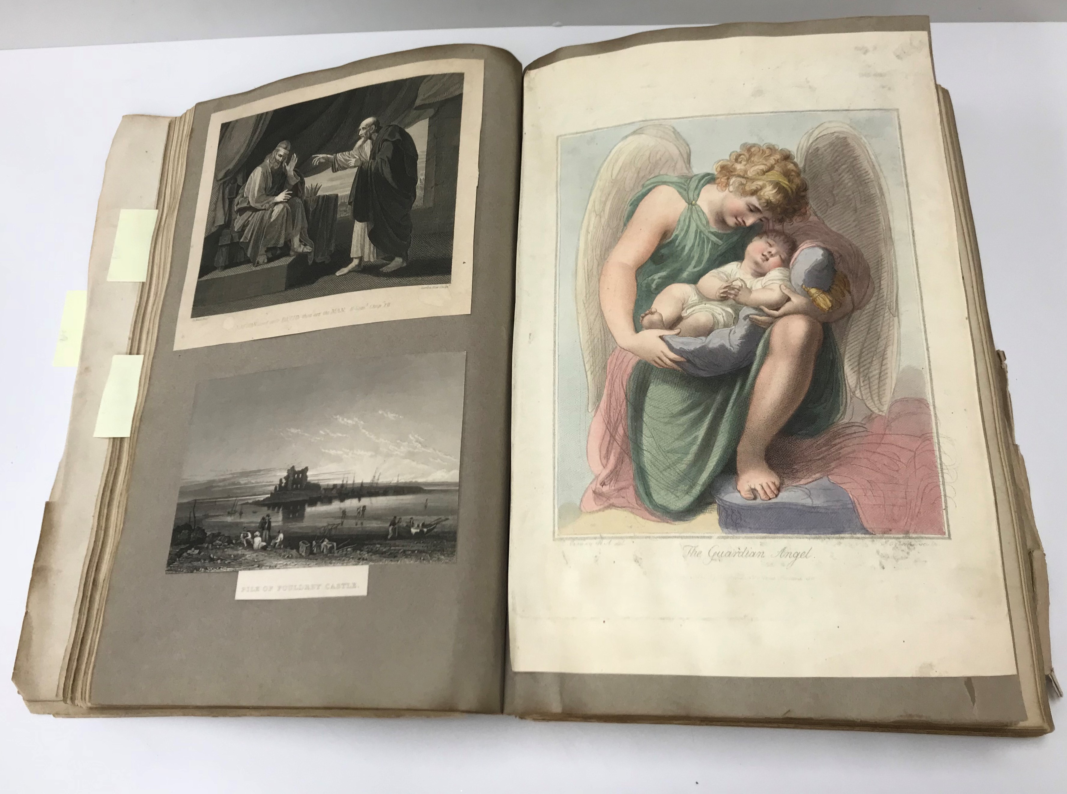 A Victorian scrapbook containing various scraps, prints, engravings, etchings, etc, - Image 2 of 4