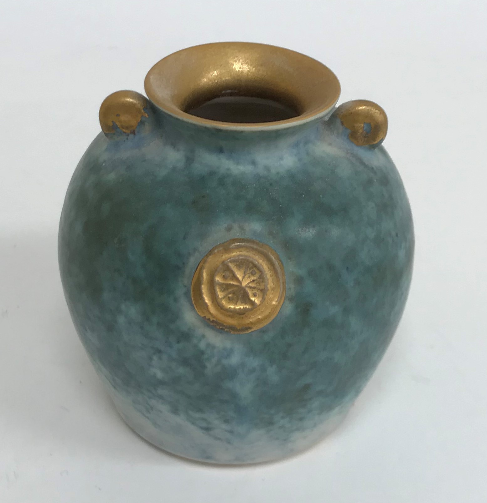 A collection of four mottled blue and gilt decorated pottery items including bowl, - Image 4 of 8