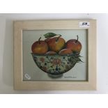 MANDY BELMOKHTAR "Peaches in a bowl", watercolour gouache, signed and dated 2000 lower right,