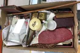 A box of various sundry collectable items including a silver and tortoiseshell mounted pin box,