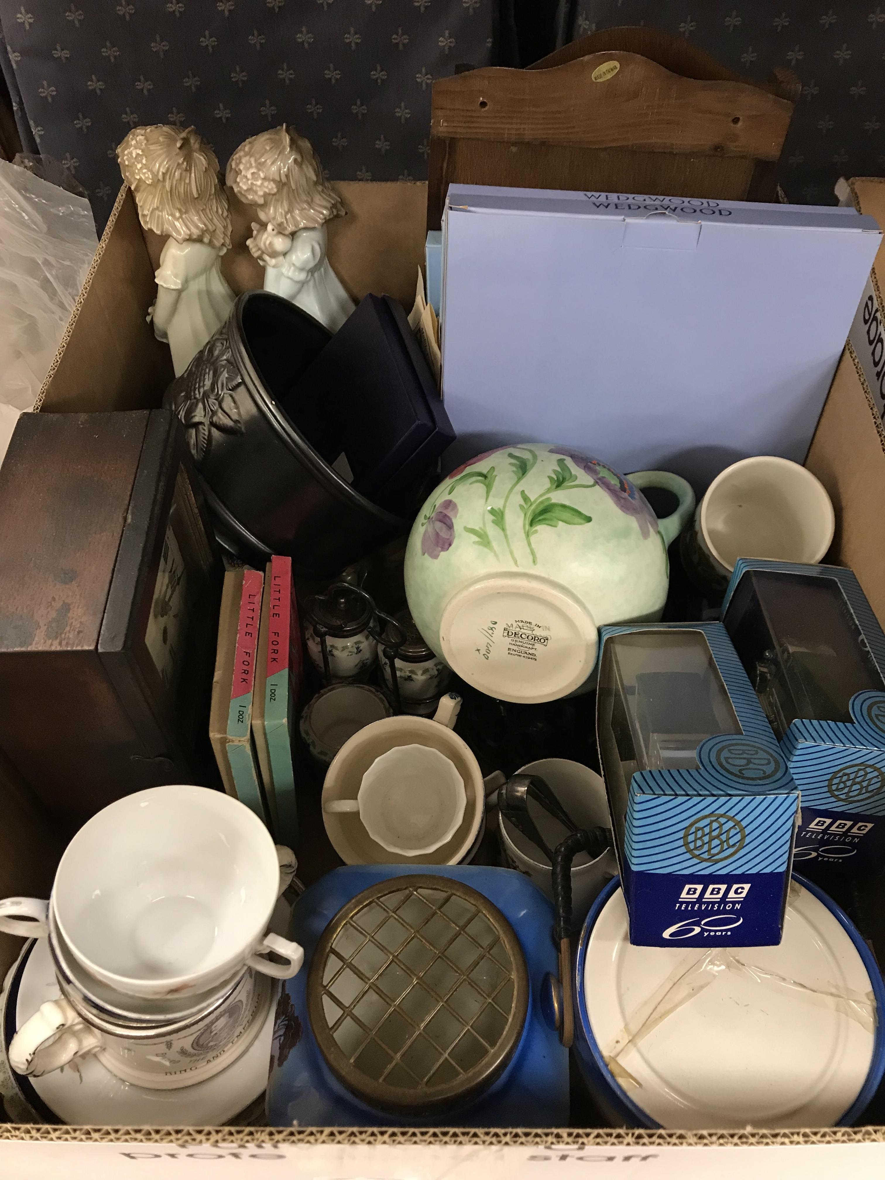 Two boxes of assorted decorative china wares, etc.