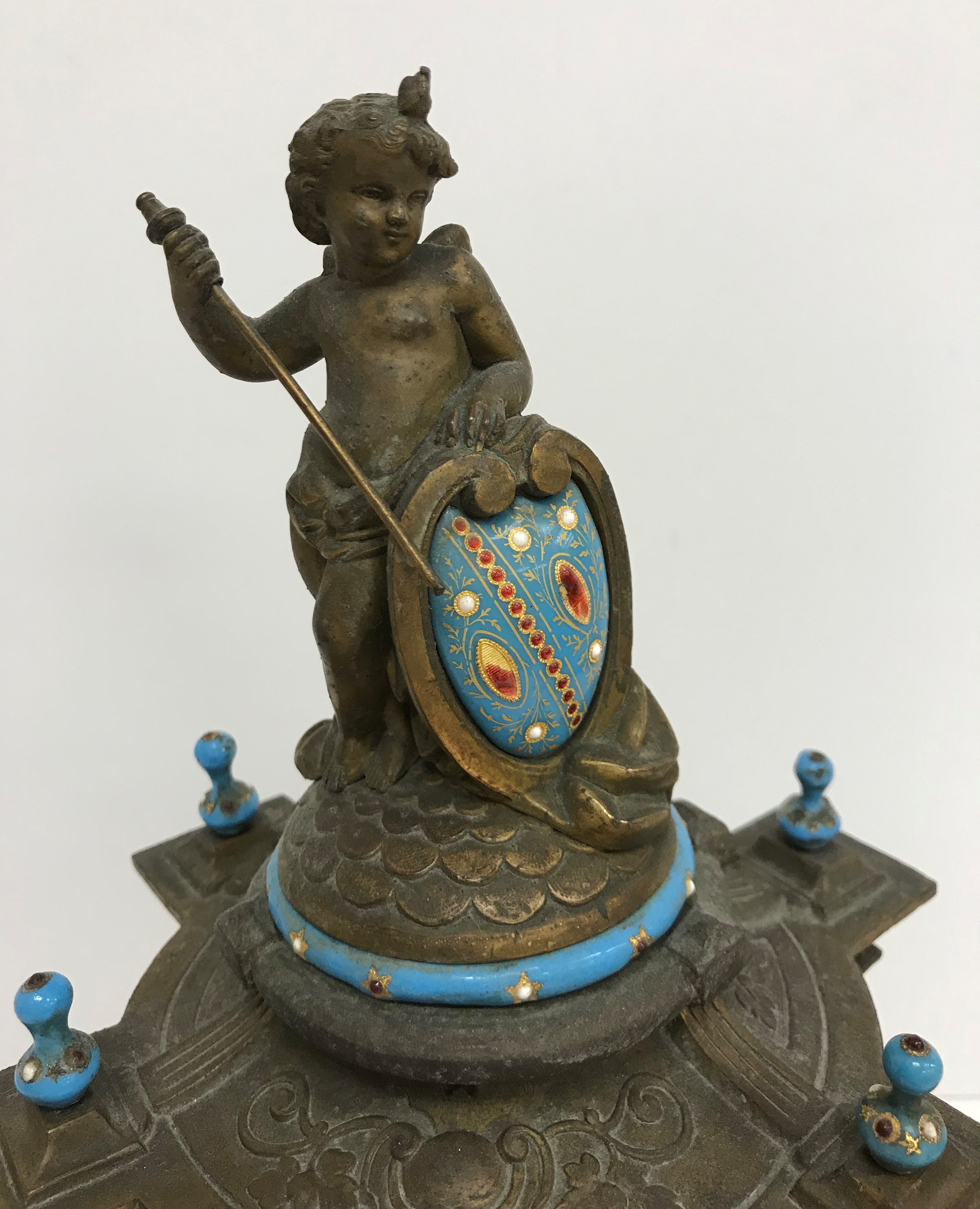 A 19th Century French gilt spelter and enamel cased mantel clock, - Image 4 of 24