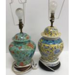 A set of three modern Chinese turquoise ground and polychrome decorated vase table lamps on wooden