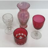 Two boxes of various cut and other glassware including six W Davenport etched glass brandy balloons,