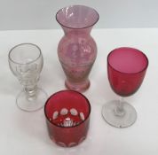 Two boxes of various cut and other glassware including six W Davenport etched glass brandy balloons,