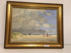ROD PEARCE "Clearing skies" a study of Edwardian figures on a beach with dog, oil on canvas,