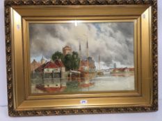 LOUIS VAN STAATEN (Dutch 1836-1909) "On the Scheldt" harbour scene with boats, watercolour,