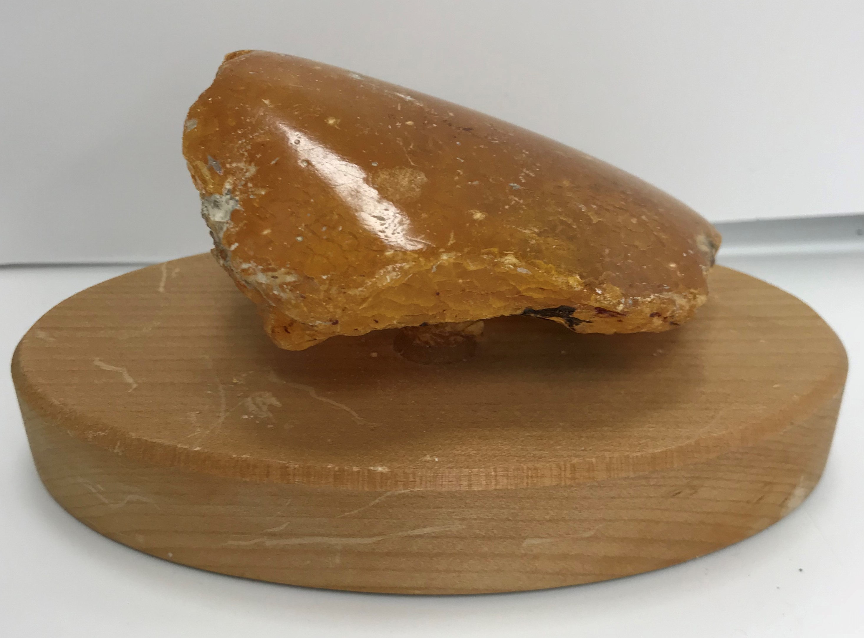 An uncut natural amber section polished