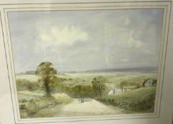 DAVID TUFFLEY "Shepherd and sheep on a roadway in open landscape", penciland watercolour,