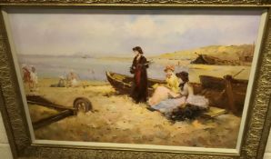VLADIMIR PETROV "Women in late 19th Century costume on a beach with boats", Impressionist study,