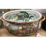 A modern Chinese famille-rose foot bath with gilt handles, 55 cm long x 21 cm high,