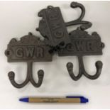 Two modern cast metal coat hooks inscribed "GWR", 9 cm wide 29 cm deep x 16 cm high,