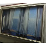 ENGLISH SCHOOL "Sea view through a window" modern textured colour print in limed moulded frame 111