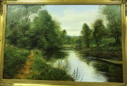 PETER SNELL "Riverside landscape with path on left hand side", oil on canvas, signed lower left,