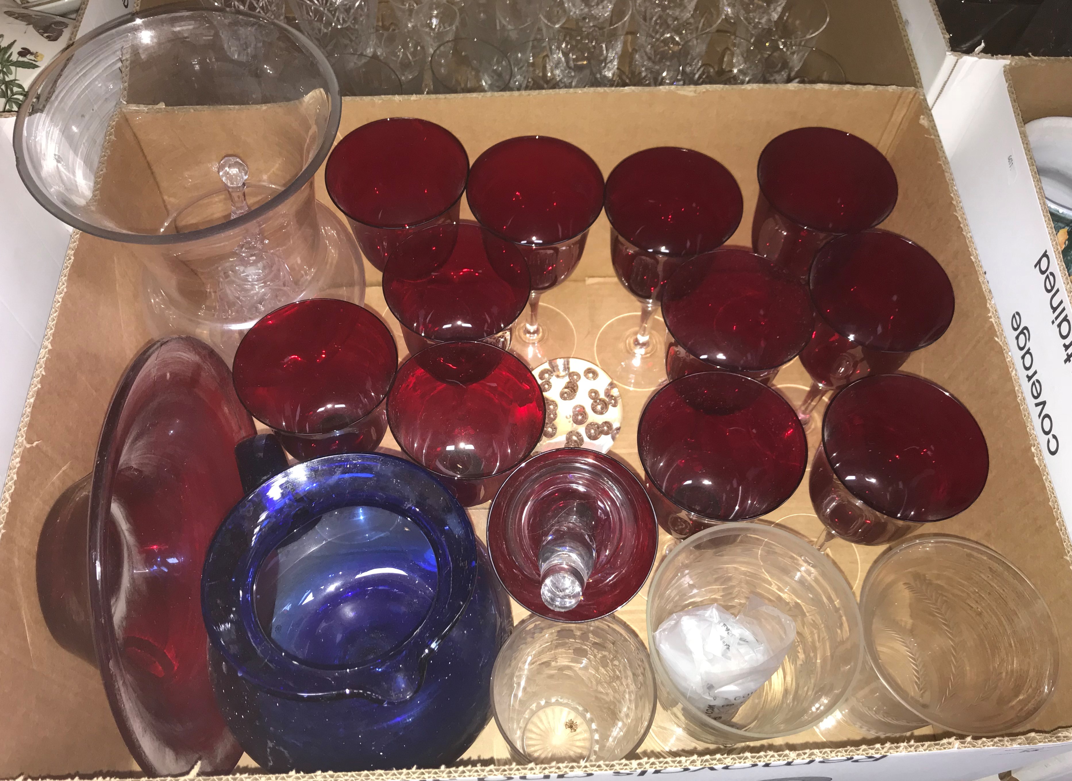 Three boxes of assorted glassware to include ruby glass wine glasses, blue glass jug, - Image 2 of 4
