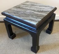 A Chinese hardwood square sectioned lamp table with marble top, 46 cm wide x 46 cm deep x 39.