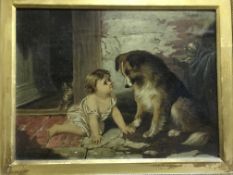 AFTER GEORGE AUGUSTUS HOLMAN "You can't talk", study of a Collie dog, child and cat by doorway,
