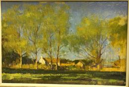 20TH CENTURY BRITISH SCHOOL "Farm buildings in a landcape with trees in foreground", oil on board,