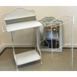 A collection of painted metal furniture comprising three tier shelf unit, 61.5 cm wide x 37.