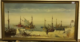 JORGE AGUILAR AGON "Coastal scene with fishing boats", oil, signed lower right,