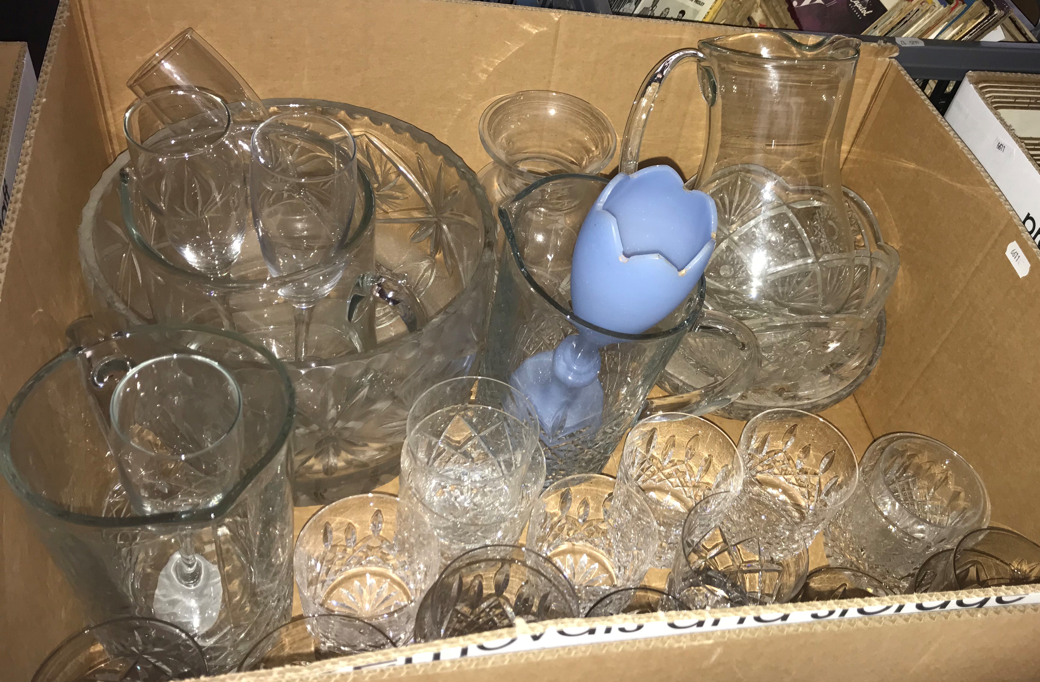Three boxes of assorted glassware to include ruby glass wine glasses, blue glass jug, - Image 4 of 4