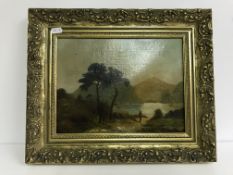 T LLOYD "Fisherman by lake on roadway with hills rising in background" (possibly Lake Killarney,