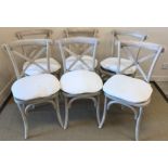 A set of six Oka style bar back Bergère dining chairs with painted grey effect frames