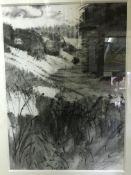 FIONA MCINTYRE "Winter landscape with trees in foreground", monochrome mixed media,