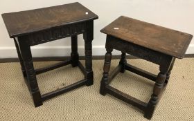 Two oak joint stools in the 17th Century manner, one with carved fan decoration,