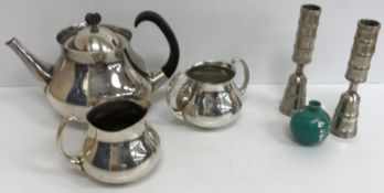 A mid 20th Century Mappin & Webb plated three piece tea set designed by Eric Clements,