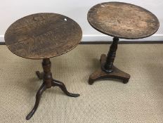 A 19th Century oak pedestal table, the circular top on turned and ringed pedestal to tripod base,