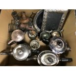 A small quantity of plated wares to include teapots, swing handled basket, photograph frame, etc.