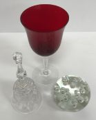 Three boxes of assorted glassware to include ruby glass wine glasses, blue glass jug,