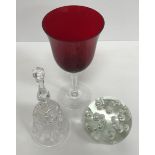 Three boxes of assorted glassware to include ruby glass wine glasses, blue glass jug,