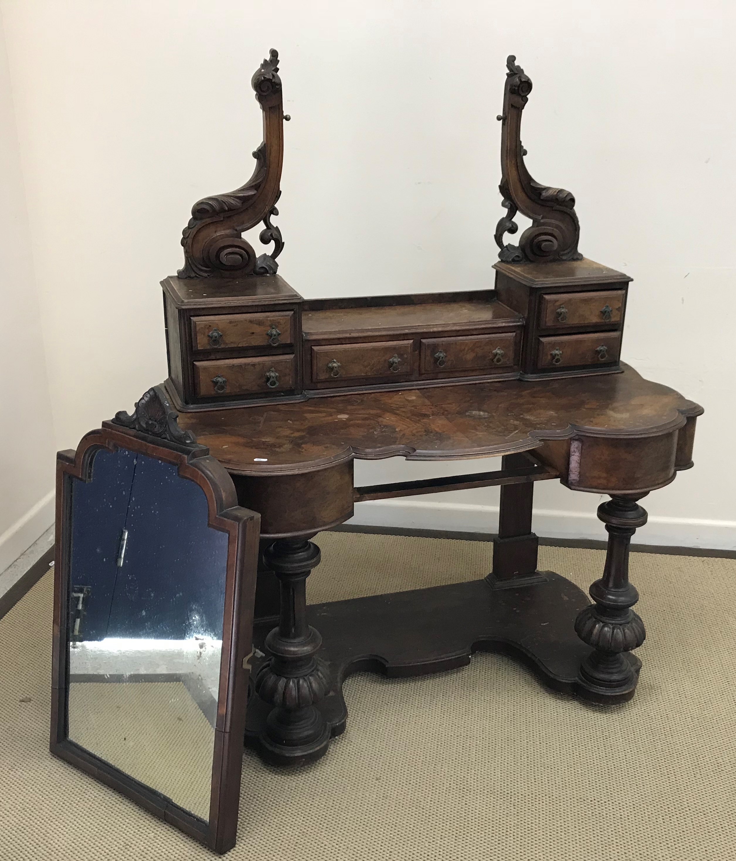 A collection of furniture comprising a Victorian burr walnut duchess dressing table on heavy turned - Image 4 of 4