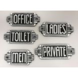 A collection of five cast metal Art Deco style door signs inscribed "Office", "Men", "Toilet",