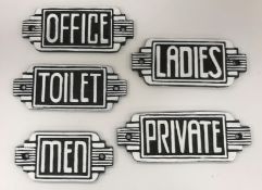 A collection of five cast metal Art Deco style door signs inscribed "Office", "Men", "Toilet",