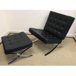 A "Barcelona" chrome framed button backed black leather upholstered chair after the original design