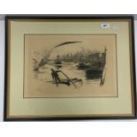 AFTER WILLIAM LIONEL WYLLIE "Thames scene with bridge and figure on barge in foreground",
